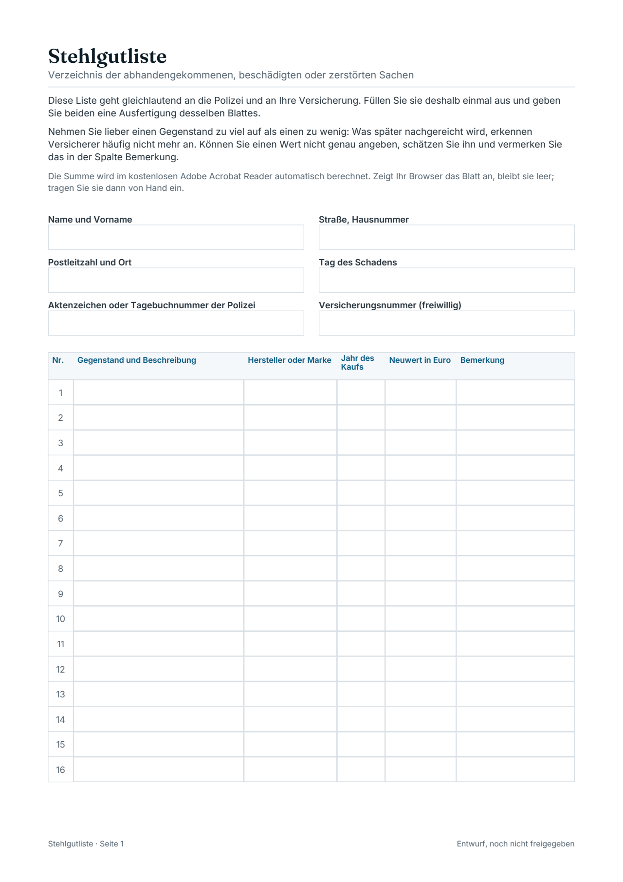 Erste Seite der Stehlgutliste mit Kopffeldern und Positionstabelle