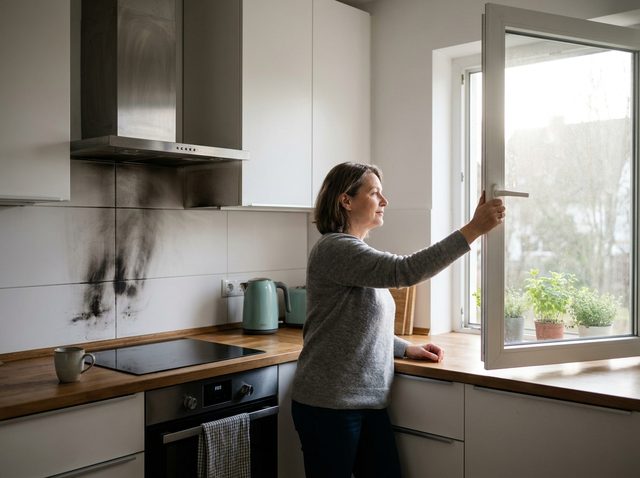 Küche mit Rußspuren über dem Herd, eine Frau öffnet das Fenster