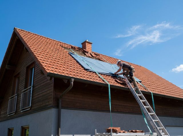 Hausdach mit abgedeckten Ziegeln, eine Plane ist provisorisch befestigt, daneben steht eine Leiter