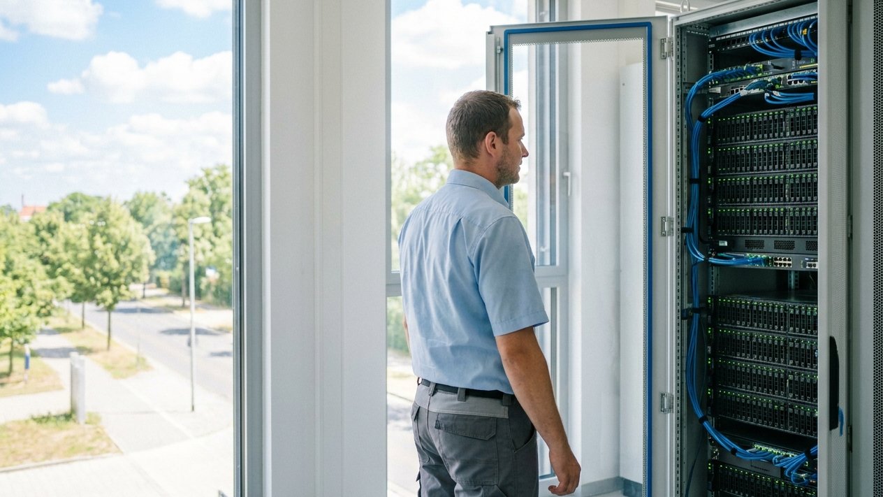 Techniker am Serverschrank eines Betriebs